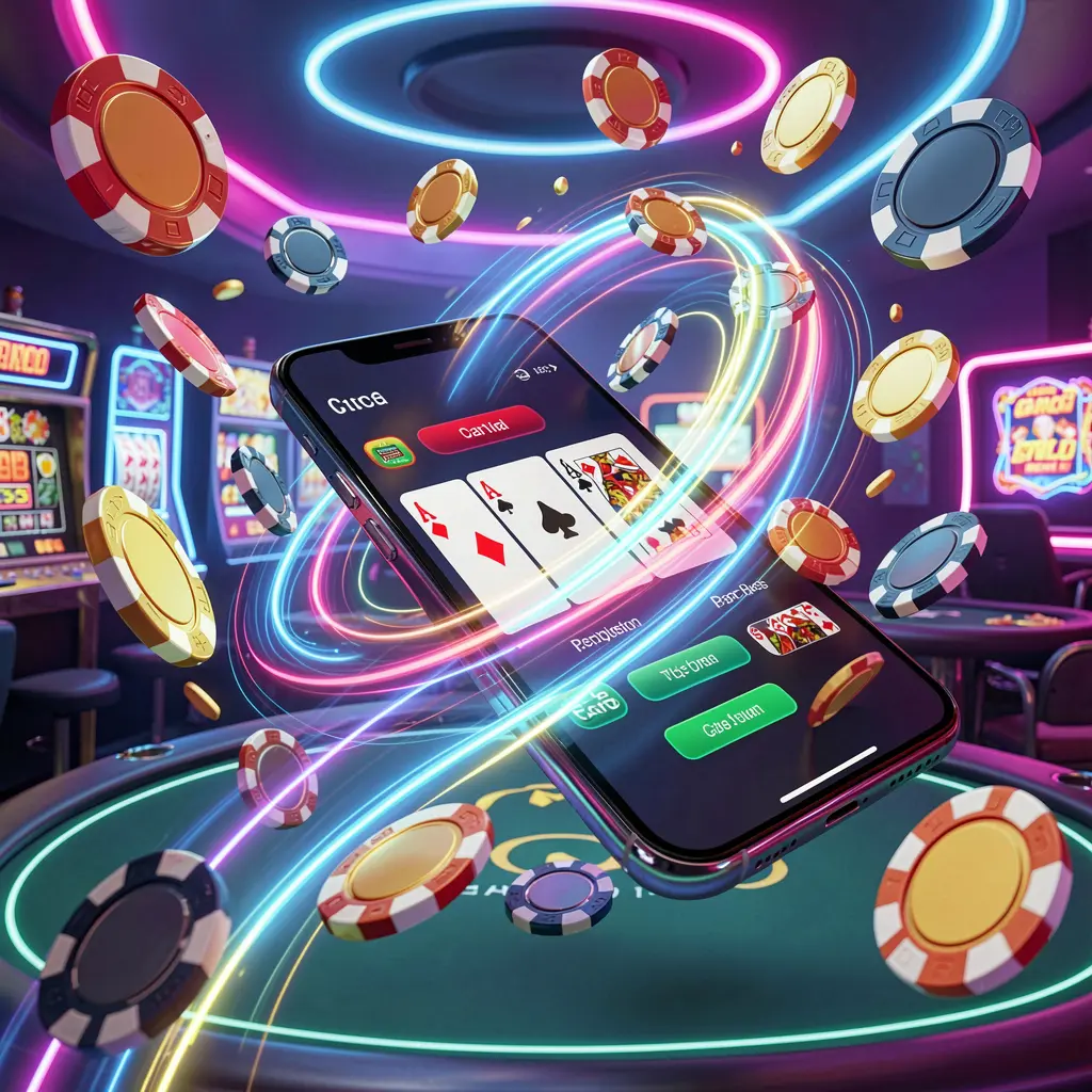 F3333 fast casino app access on smartphone with speed light trails, flying coins and chips against a modern neon casino background in dynamic 3D render