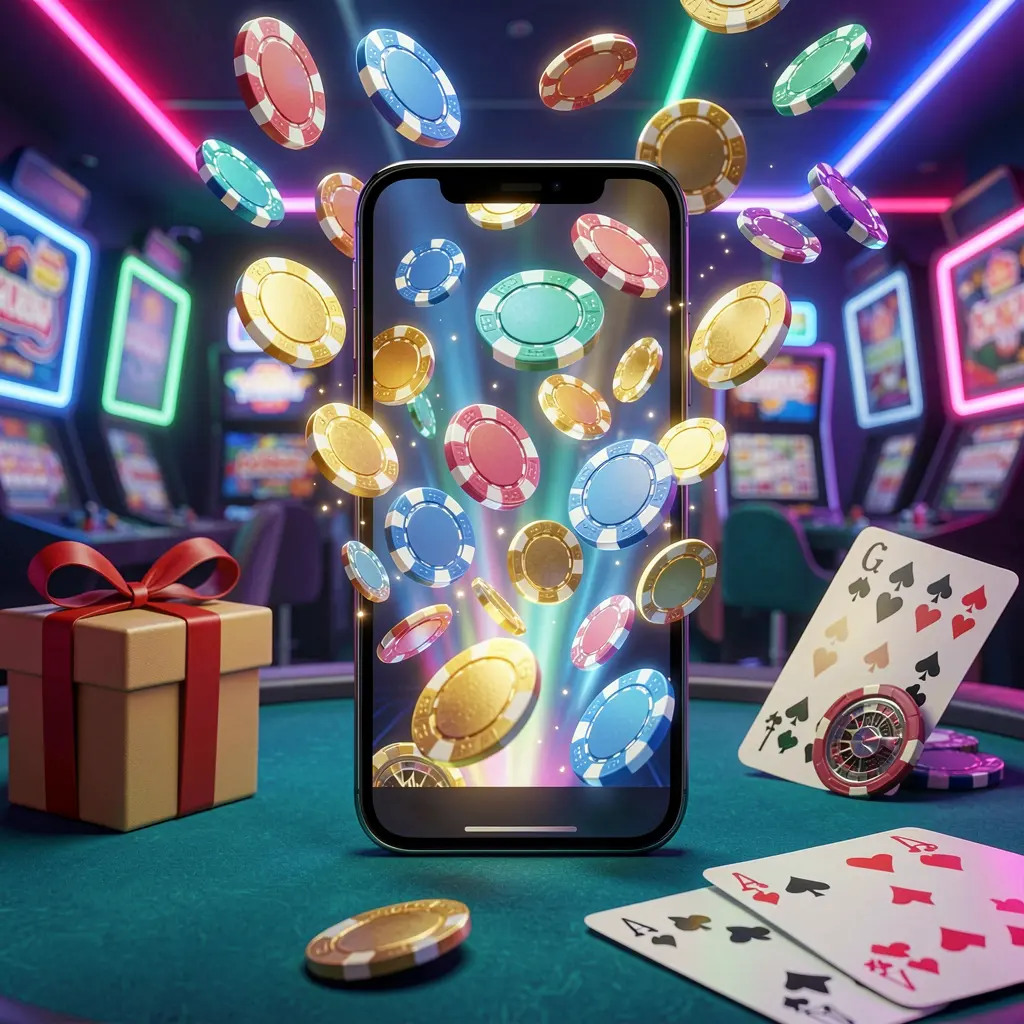 F3333 mobile casino bonus scene with a modern smartphone displaying glowing casino chips and coins emerging from the screen, surrounded by a gift box and playing cards in a bright neon casino atmosphere