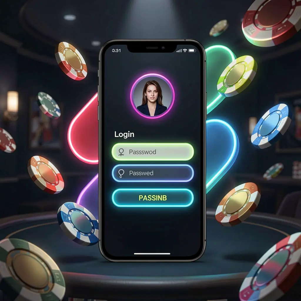 F3333 mobile casino login screen with neon glowing abstract UI shapes on phone, flying chips and coins in a dark premium casino atmosphere
