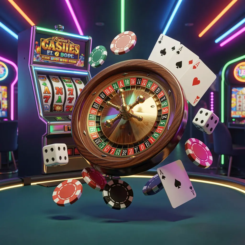 F3333 casino games collection homepage visual featuring a slot machine, roulette wheel, dice, playing cards, and poker chips floating together with colorful neon lights in a premium 3D render
